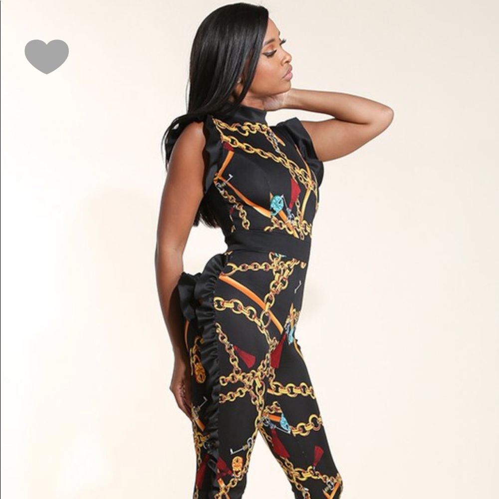 Multi Print Black Gold Chain Ruffl Jumpsuit Romper - Picture 3 of 4